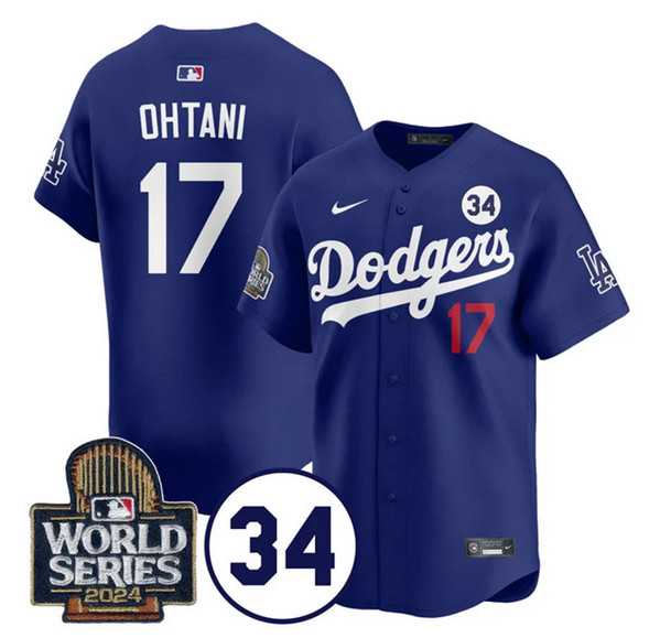 Mens Los Angeles Dodgers #17 Shohei Ohtani Royal 2024 World Series With No. 34 Patch Cool Base Stitched Jersey Dzhi